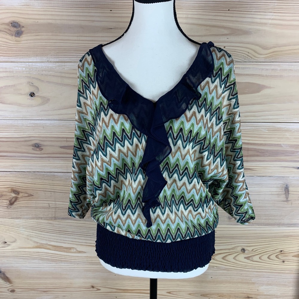 LuLumari Blouse Women L Navy Green Chevron Crochet Cold Shoulder Smocked Top